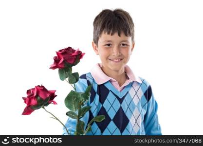 Boy offering flowers isolated on a white background