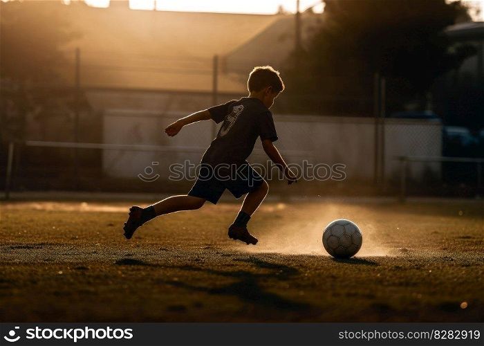 Boy play football soccer at sunset. Young player. Fictional person. Generate Ai. Boy play football soccer at sunset. Generate Ai