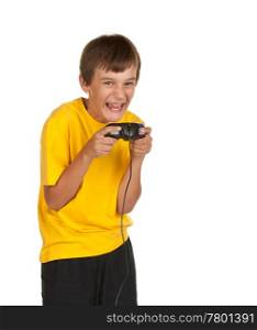 boy playing video games isolated on white