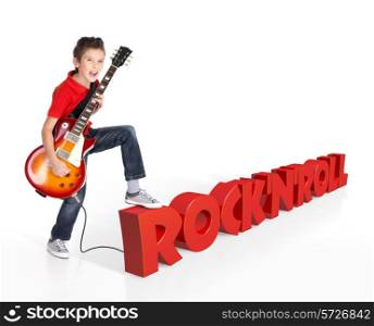 Boy plays on electric guitar. The boy stands on the word of the rock&rsquo;n&rsquo;roll from the 3d text - isolated on white background&#xA;