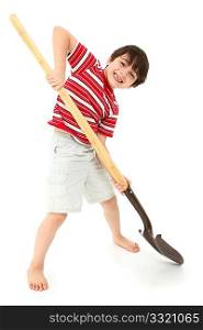 Boy pretending to dig with clean new unused shovel over white background.