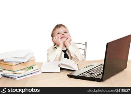 boy pupil thinks for in time homework isolated on white background