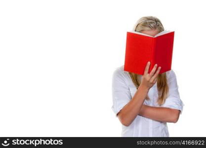 boy reading a book. against a white background.