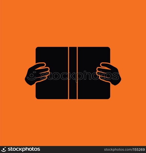 Boy reading book icon. Orange background with black. Vector illustration.