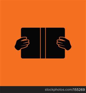 Boy reading book icon. Orange background with black. Vector illustration.