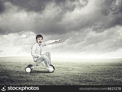 Boy riding bicycle. Little joyful cute boy riding tricycle on green grass