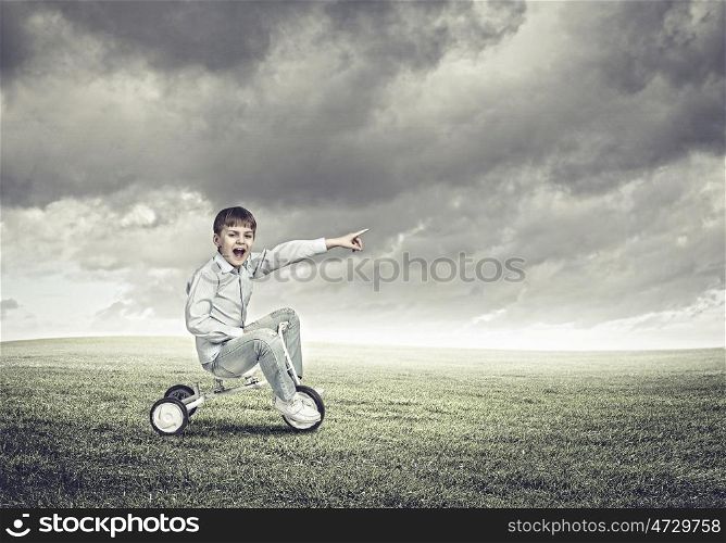 Boy riding bicycle. Little joyful cute boy riding tricycle on green grass