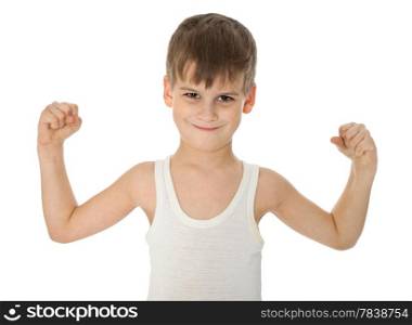 Boy showing his muscle on white background
