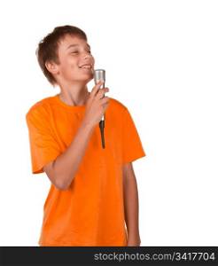 boy singing karaoke isolated on white background