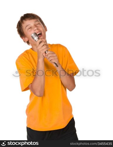 boy singing karaoke isolated on white background