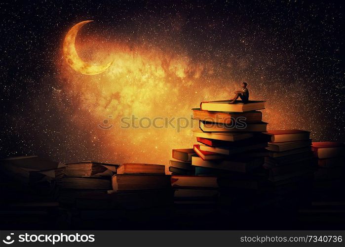 Boy sitting alone on a pile of books, looking a the new moon. Magic night scene. In search of knowlegde concept.