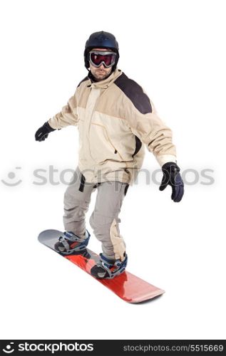 Boy snowboarding isolated on a over white background