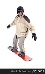 Boy snowboarding isolated on a over white background