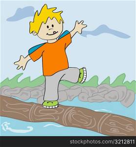 Boy standing on a log floating in water