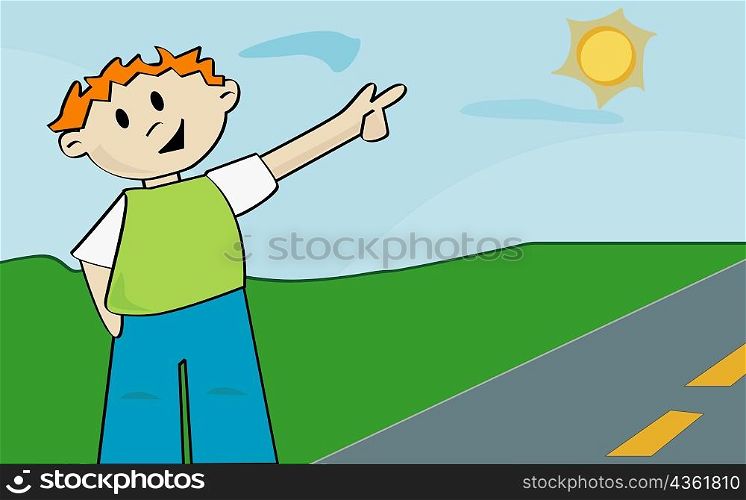 Boy standing on a road pointing to the sun