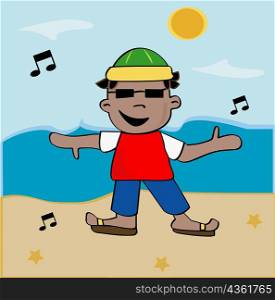 Boy standing on the beach with his arms outstretched
