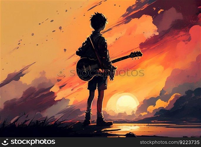 Boy standing with a guitar at sunset illustration. AI generative.