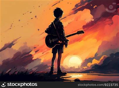 Boy standing with a guitar at sunset illustration. AI generative.