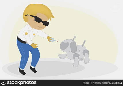 Boy standing with a robot dog and holding a remote control