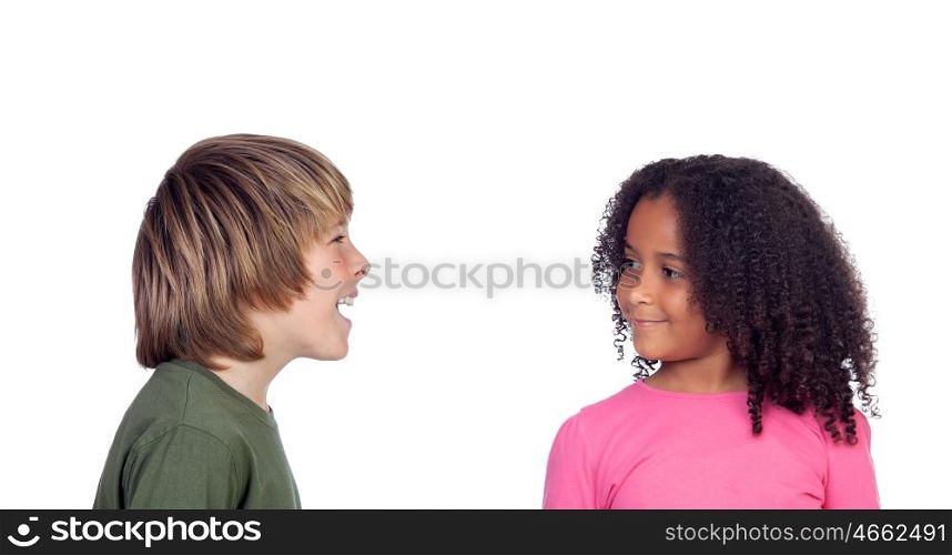 Boy talking with his friend, a beautiful african girl, isolated on a white background