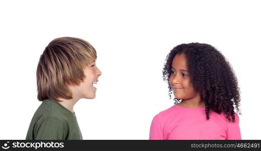 Boy talking with his friend, a beautiful african girl, isolated on a white background