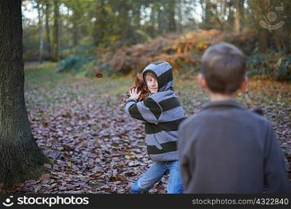 Boy throwing leaves at friend
