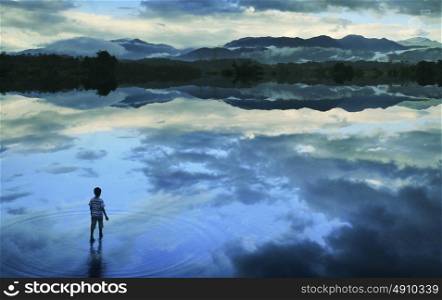 Boy walking in peace lake concept art
