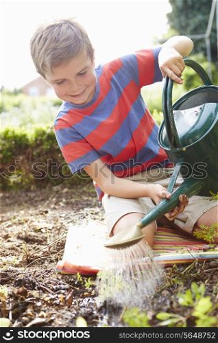 Boy Watering Seedlings In Ground On Allotment