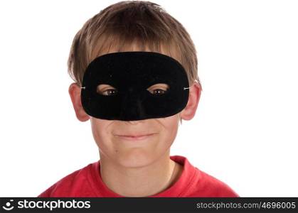 boy wearing a black hero mask isolated on white background. boy wearing a mask