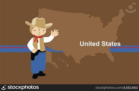 Boy wearing a cowboy outfit in front of the map of USA