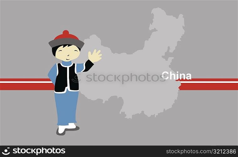 Boy wearing traditional Chinese clothing in front of the map of China