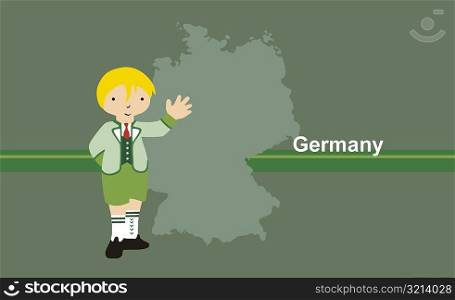 Boy wearing traditional German clothing in front of the map of Germany