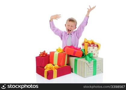 boy with a bunch of gifts . Isolated on white background