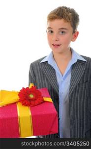 boy with a gift box and a flower. Isolated on a white background