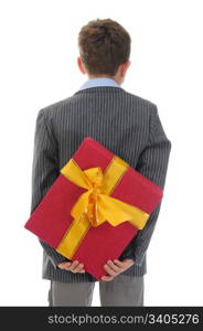 boy with a gift box and a flower. Isolated on a white background