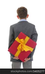 boy with a gift box and a flower. Isolated on a white background