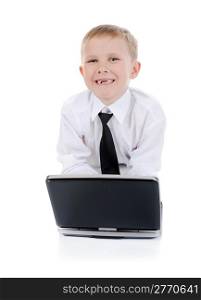boy with a laptop. Isolated on white background