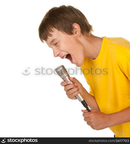 boy with a microphone doing karaoke on white