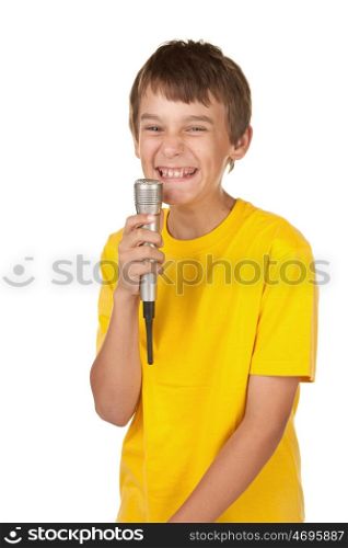 boy with a microphone doing karaoke on white