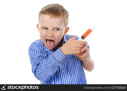boy with a syringe in his hand. Isolated on white background