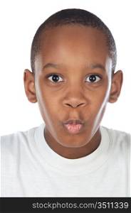 Boy with amazement face over white background
