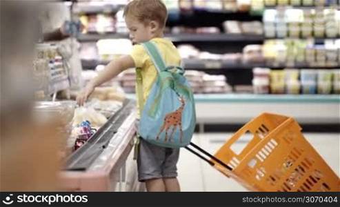 Boy with backpack in the shop choosing and putting food into cart. Little customer