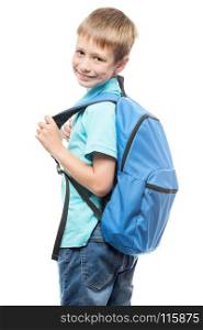 boy with backpack ready for school, portrait isolated on white background