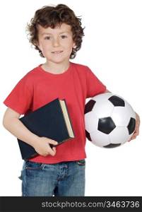 Boy with ball and book isolated on white