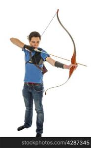 Boy with blue shirt and jeans aiming with a longbow isolated in white