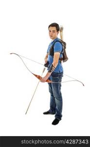 Boy with blue shirt and jeans standing with a longbow