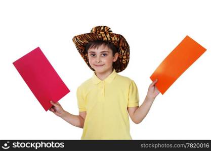 boy with colored paper in his hands on the white background