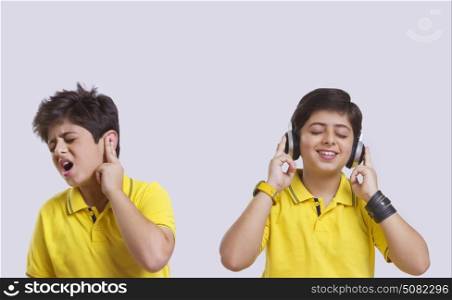 Boy with ear pain and listening to music
