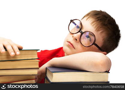 boy with glasses and books on white background