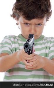 Boy with one pistol on his hands isolated over white